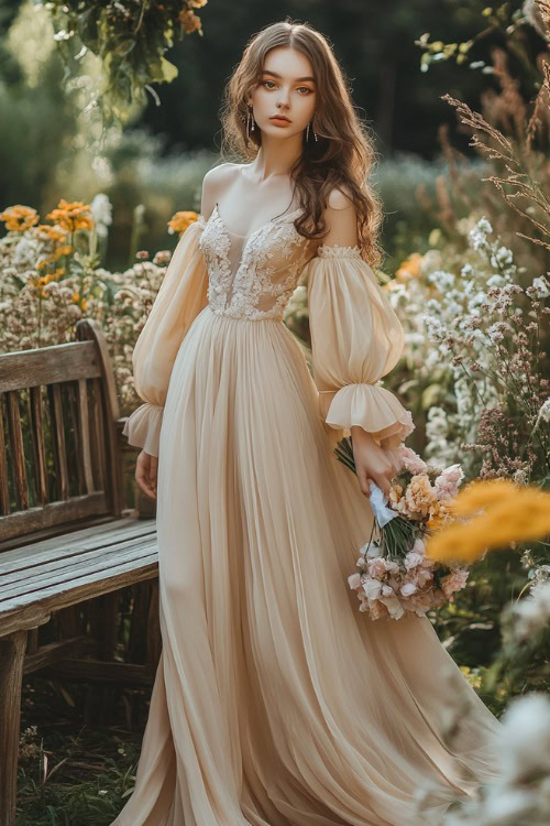 A chic woman in a champagne-colored maxi dress with balloon sleeves, floral appliqueÌs, and a flowing chiffon overlay (2)