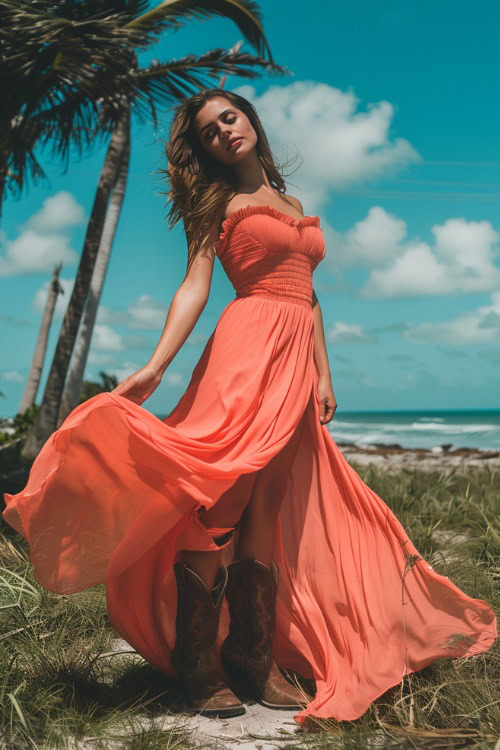A woman wears cowboy boots with a long orange dress