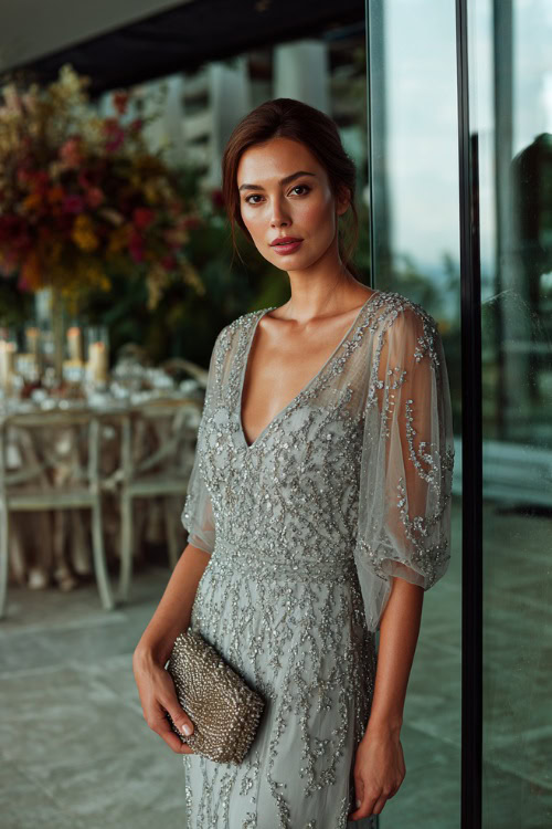A woman in a silver embellished gown with sheer sleeves and beaded clutch, posing beside a modern wedding reception with glass walls and floating florals