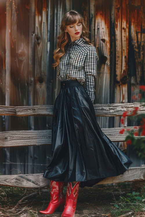 A woman wears red cowboy boots with a satin skirt and a plaid top