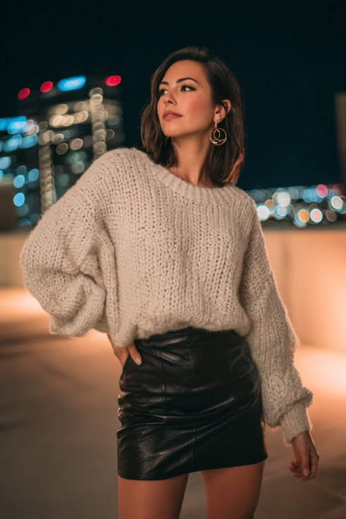 A woman wearing a chunky oversized knit sweater tucked into a black leather mini skirt, styled with black ankle boots and subtle hoop earrings