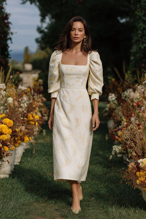 A woman wears an ivory midi dress with bishop sleeves, a square neckline, and embroidered golden leaf patterns