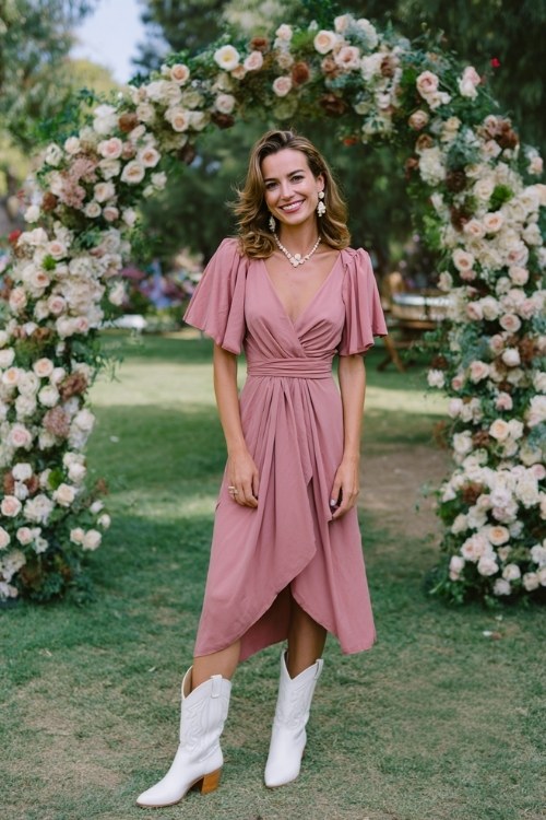 A woman wears a blush-pink chiffon wrap dress with flutter sleeves, paired with white cowboy boots and pearl drop earrings