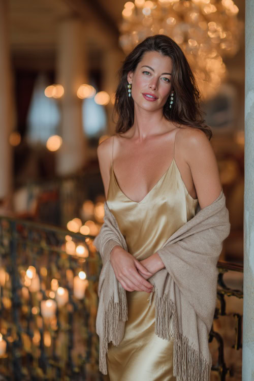 A woman wears a golden satin slip dress layered with a soft beige shawl, styled with strappy heels and pearl earrings