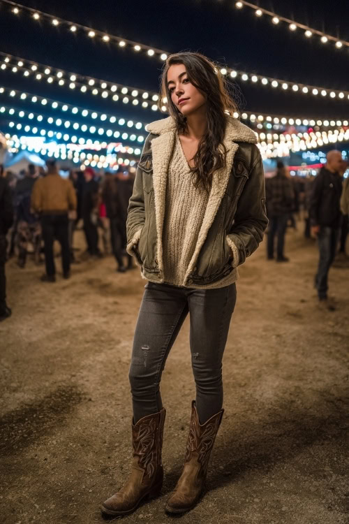 A woman wears a sherpa-lined denim jacket over a knit sweater, paired with skinny jeans and distressed cowboy boots, standing under glowing string lights at a cold fall night concert