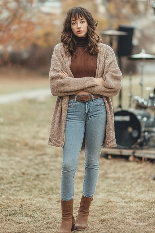 A young woman in an oversized cardigan, a fitted turtleneck, skinny jeans, and suede ankle boots