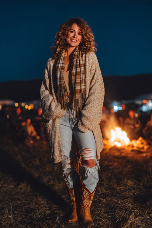 A woman wears light wash ripped jeans with a cozy oversized cardigan, styled with cowboy boots and a plaid scarf, standing by a bonfire at a country concert under fall night skies