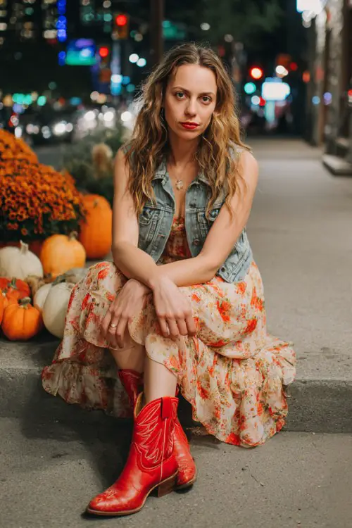A woman over 35 wears red cowboy boots with a floral chiffon dress and a cropped denim jacket