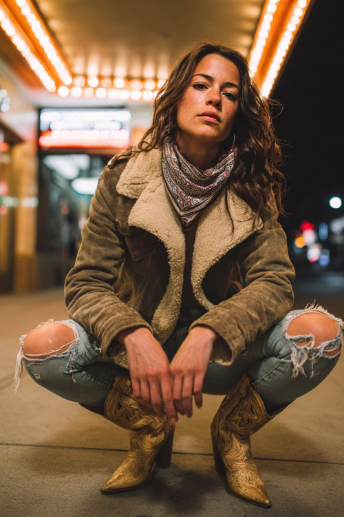 A woman wears a shearling-lined leather jacket, ripped jeans, and pointed cowboy boots, styled with a bandana scarf under glowing concert lights