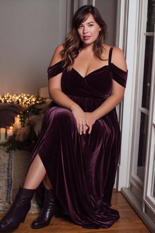 A plus size woman wears a plum velvet gown with cut-out shoulders and flowing skirt, styled with sleek patent boots