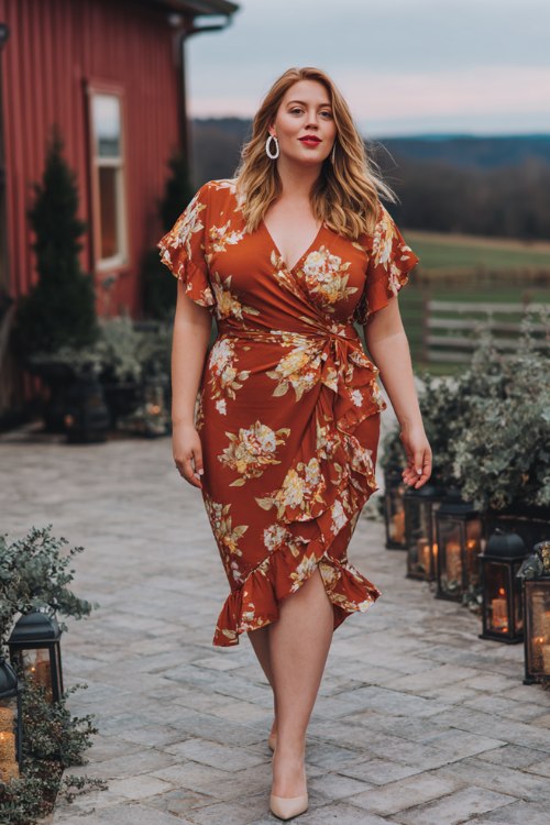 A plus-size woman wears a rust floral wrap midi with flutter sleeves and a ruffled hem, styled with taupe suede pumps