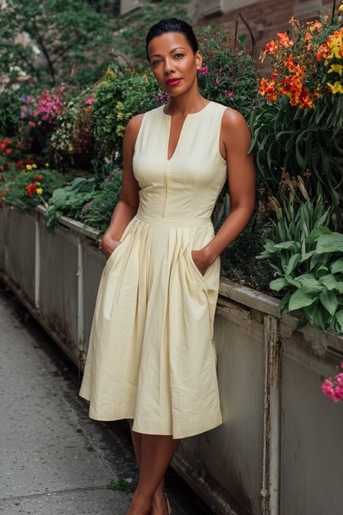 a woman over 50 in a pale yellow A-line dress with pleated skirt