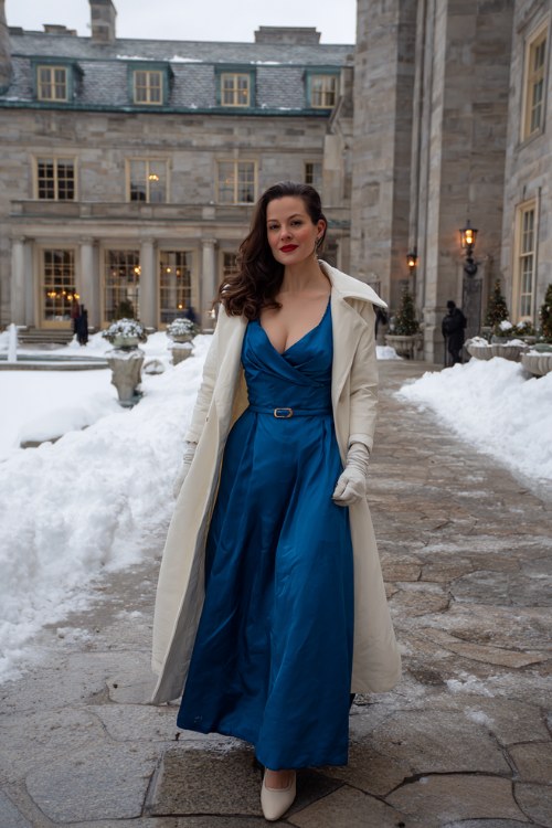 A curvy woman over 40 wears a sapphire blue floor-length gown with a belted waist, cream coat, and gloves