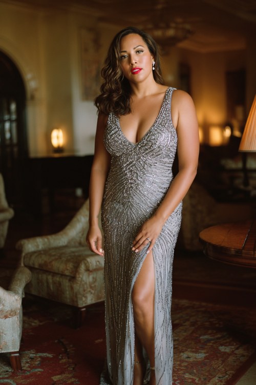 A curvy woman wears a silver beaded column gown with a plunging neckline, accessorized with diamond studs