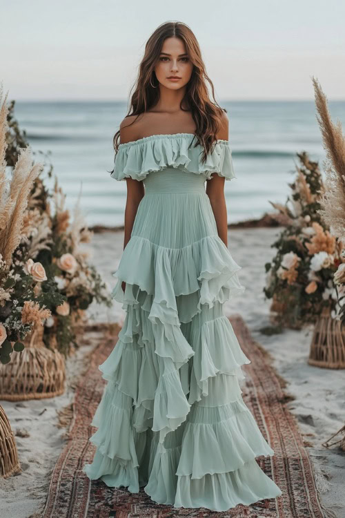 A woman in a mint green off-shoulder maxi dress with tiered ruffles, standing on a bohemian-style beach wedding aisle lined with woven rugs and floral arrangements