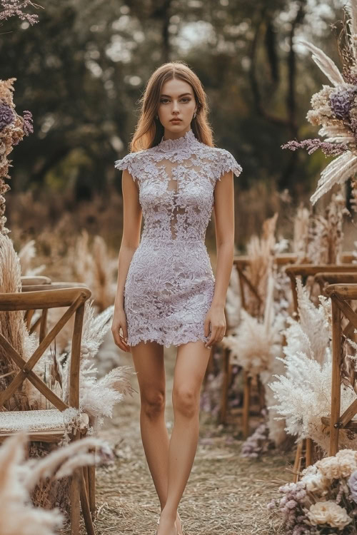 A woman wears a light purple lace short wedding guest dress with a high neckline
