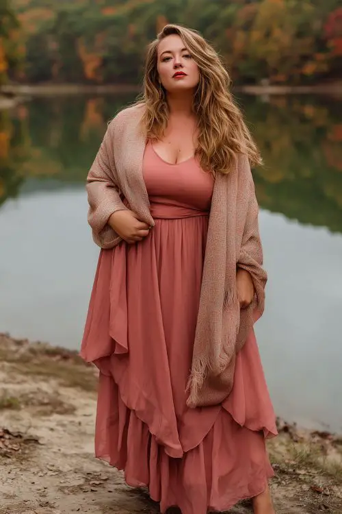 A plus-size woman wears a dusty rose chiffon dress with a layered hem and a soft shawl