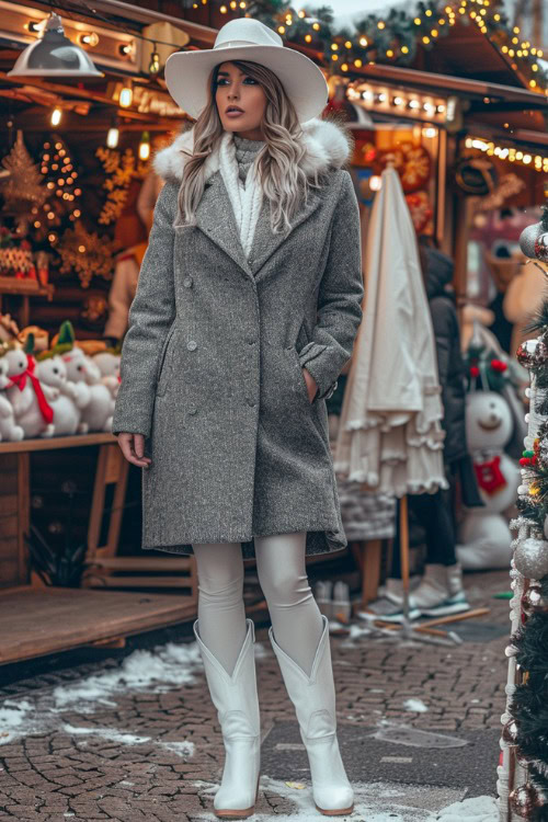 A woman wears white cowboy boots, leggings and a coat