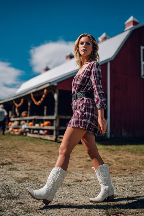 A woman wears a casual plaid dress styled with a leather belt and tall white cowboy boots