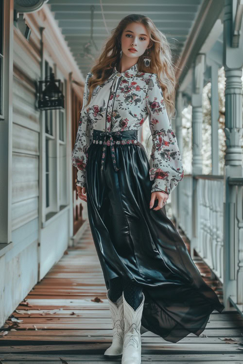 A woman wears white cowboy boots with a satin skirt and a floral top