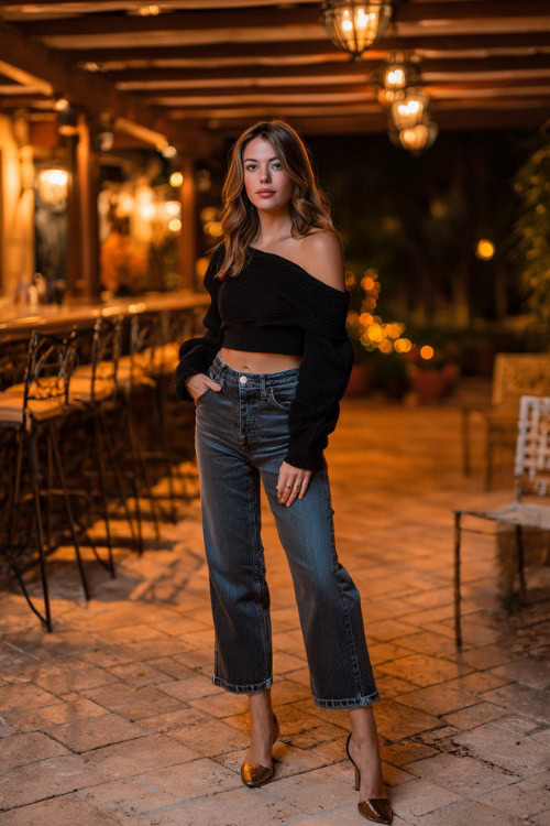 A woman in cropped flare jeans, a black off-shoulder sweater, and heeled mules, standing outside a fall bar patio with warm golden lighting