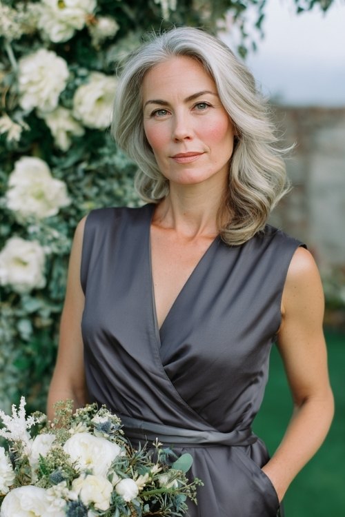 a woman over 50 in a charcoal gray wrap dress with satin sash, holding a bouquet