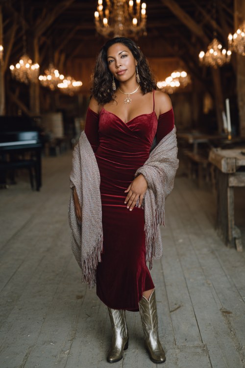 A curvy woman wears a fitted wine-red velvet dress with long sleeves, a soft cashmere shawl, and metallic gold cowboy boots