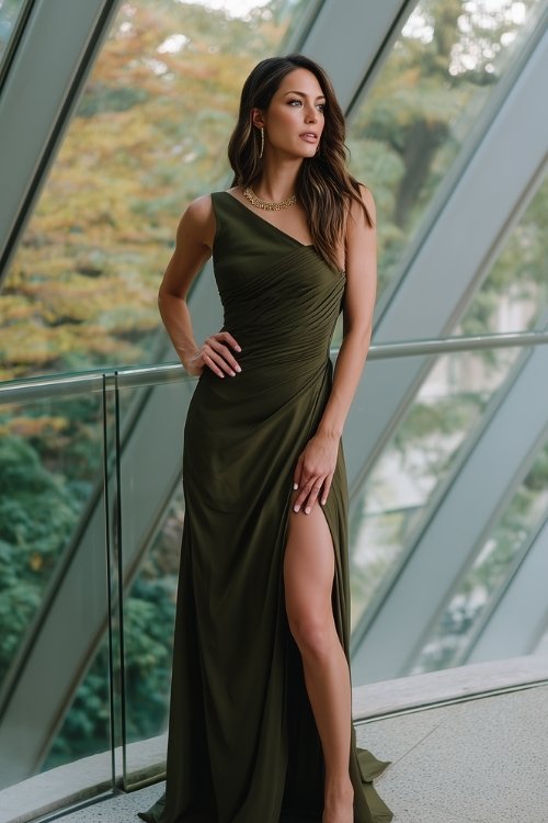 A woman in a deep olive green one-shoulder crepe gown with a high slit and gold jewelry