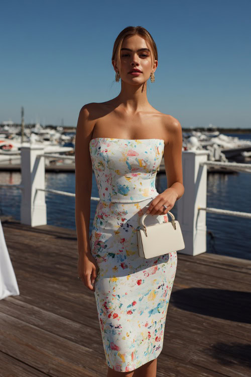 A woman in a fitted white cocktail dress with pastel floral print and a matching handbag, standing near a waterfront wedding deck under clear blue skies