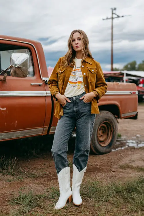 A woman wears mid-wash bootcut jeans, a tucked-in graphic tee layered with a tan shacket, and glossy white cowboy boots
