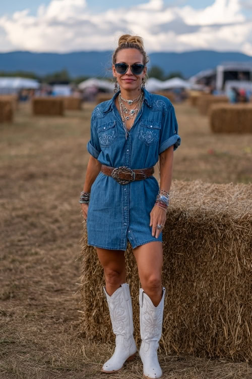 A woman over 40 in a denim shirt dress styled with a suede belt, white cowboy boots, and layered necklaces near hay bales at a fall concert