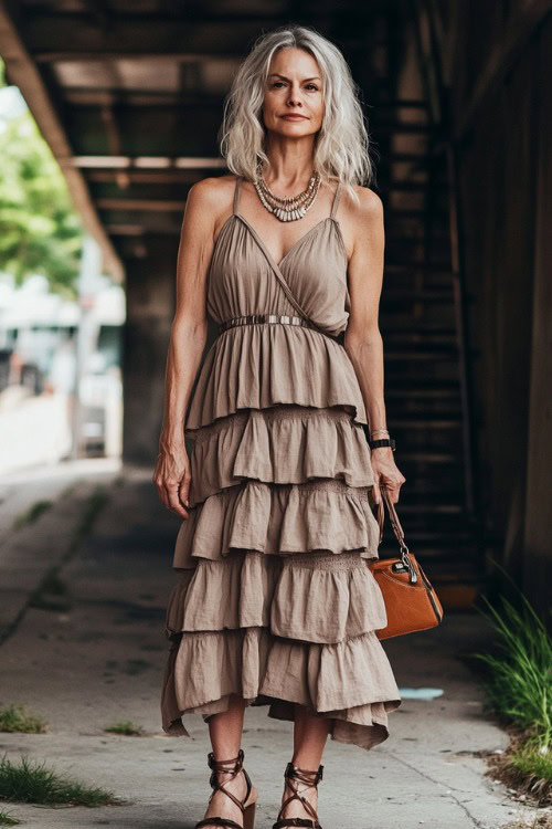 A fashionable woman over 40 wearing a tiered ruffled midi dress in earth tones, paired with metallic wedge sandals and a leather crossbody bag