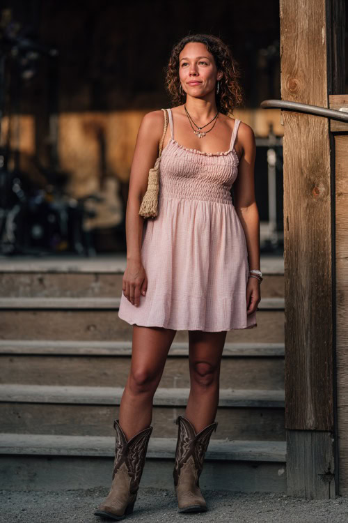 A midsize woman wearing a soft pink sundress with ruffled straps and brown cowgirl boots, accessorized with a straw crossbody purse and a simple necklace