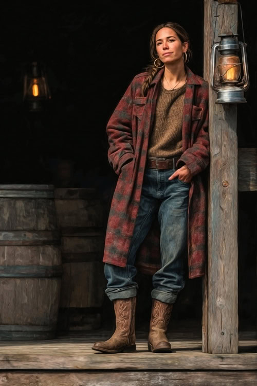 A woman wears a belted plaid shacket layered over a cozy sweater and jeans, paired with cowboy boots and hoop earrings, standing near a wooden stage lit with lanterns
