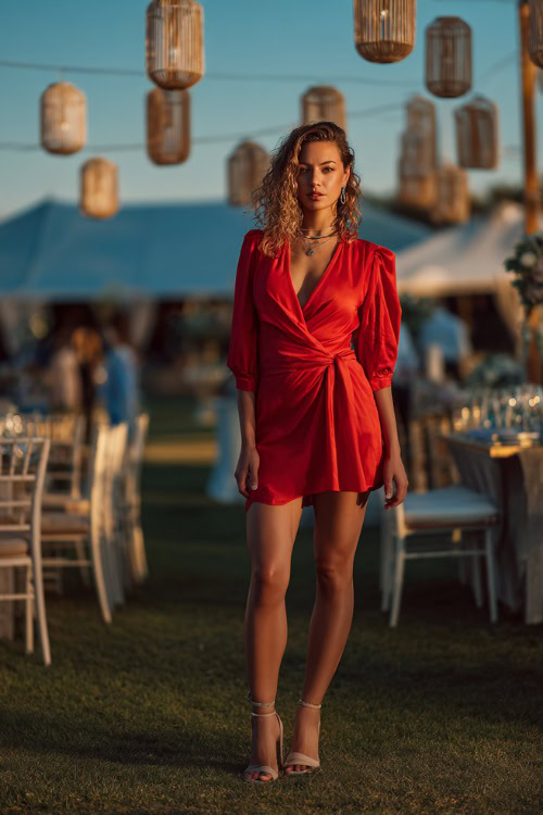 A woman in a bold red short wrap dress with short sleeves and neutral sandals, standing near hanging lanterns and cocktail tables at an outdoor wedding reception