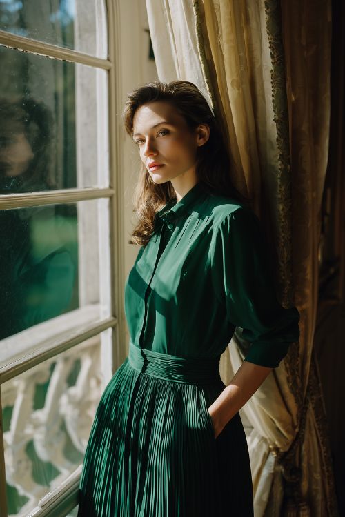 A woman wears a deep emerald A-line dress with pleated panels and a structured bodice