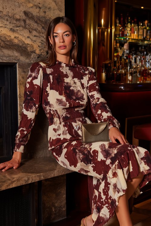 A woman in a dark floral long sleeve midi dress with painterly blooms in maroon and taupe (1)
