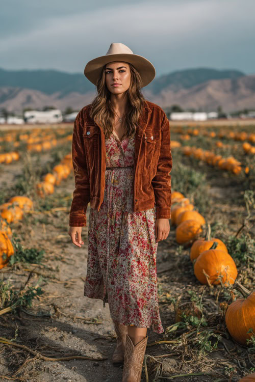 A woman wears a corduroy jacket over a bohemian maxi dress, paired with western boots and a felt hat, standing in a field of pumpkins near a country concert