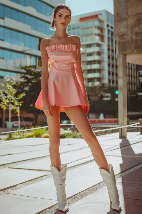 A woman wears white cowboy boots with an off-shoulder pink dress