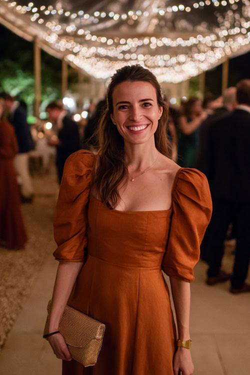 A woman wears a rust-orange midi dress with a square neckline and puff sleeves, styled with block heels and a clutch