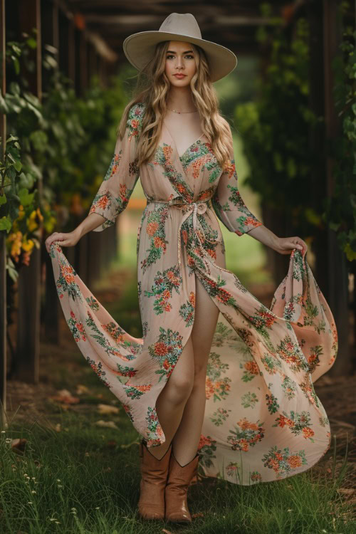 A woman wears brown cowboy boots with floral wrap dress