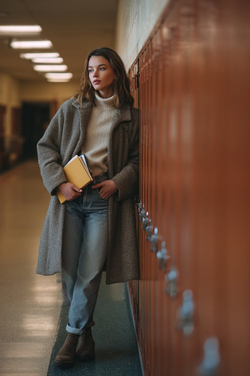 Young woman in a wool coat, turtleneck sweater, straight-leg jeans, and ankle boots, holding books while standing near school lockers