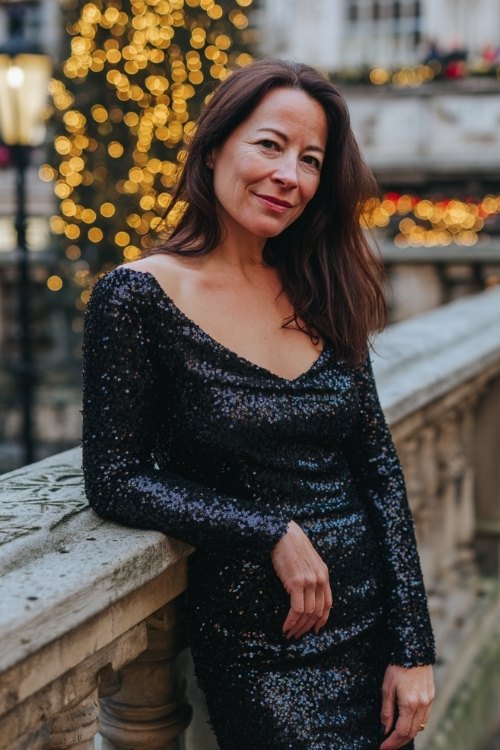a woman over 50 in a black sequin bateau-neck cocktail dress with long sleeves