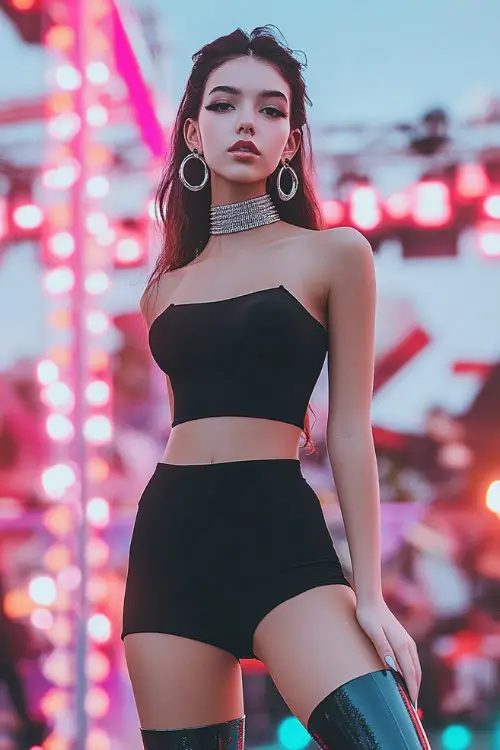 A confident woman in a black cut-out bodycon dress with silver hoop earrings and thigh-high boots, posing with bold attitude in front of a festival stage