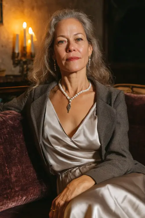 A woman over 50 wears a silver satin long-sleeve dress with a tailored wool blazer and pearl necklace