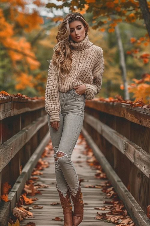 a woman wears a sweater, ripped jeans and brown cowboy boots (2)