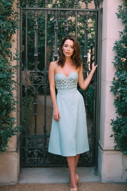a woman over 50 in a light blue fit-and-flare dress with embroidered bodice