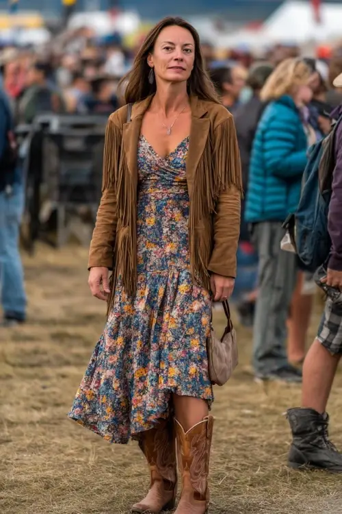 A woman over 40 wears a floral wrap midi dress with a suede fringe jacket, brown cowboy boots, and a crossbody fringe bag at an outdoor fall concert