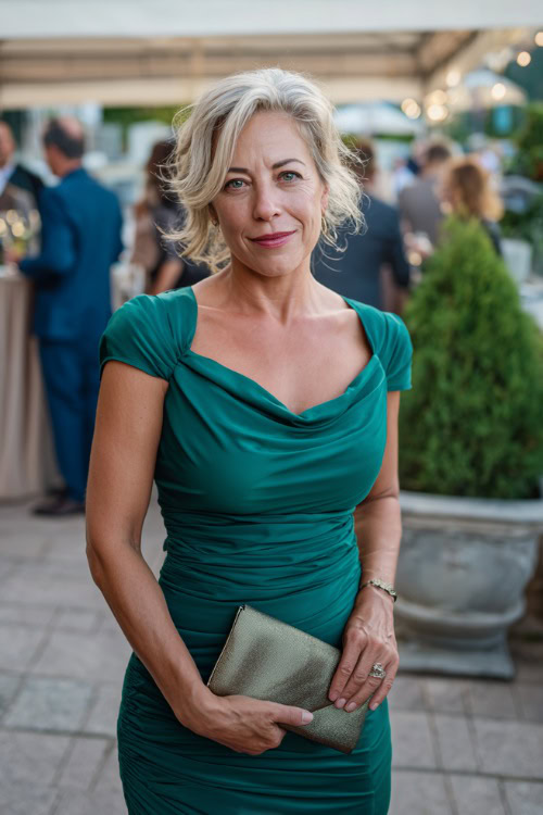 A woman over 50 in a fitted emerald green cocktail dress with short cap sleeves and ruched detail, holding a clutch at an upscale outdoor cocktail reception