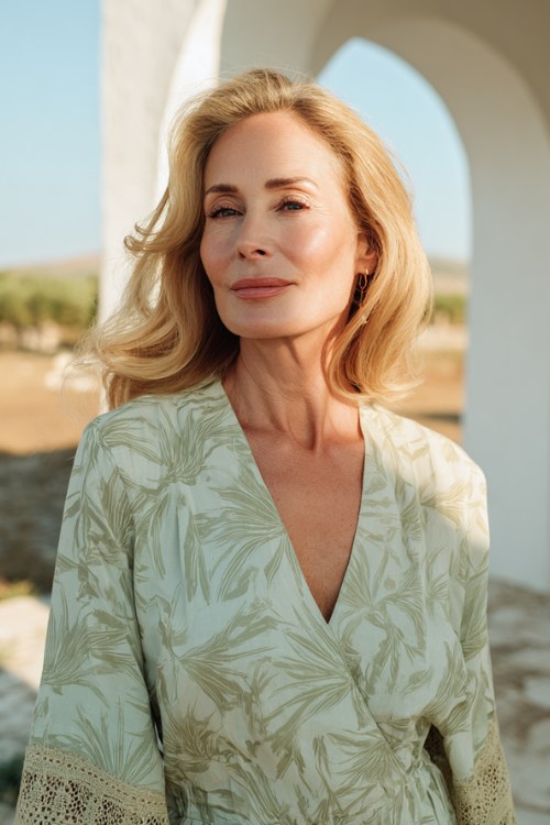 A woman over 50 wears a pale sage green dress with a subtle leaf print and lace-trimmed sleeves